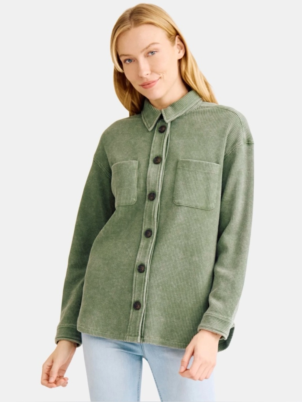 Time and Tru Women’s Button Front Knit Shacket // Green // XXL